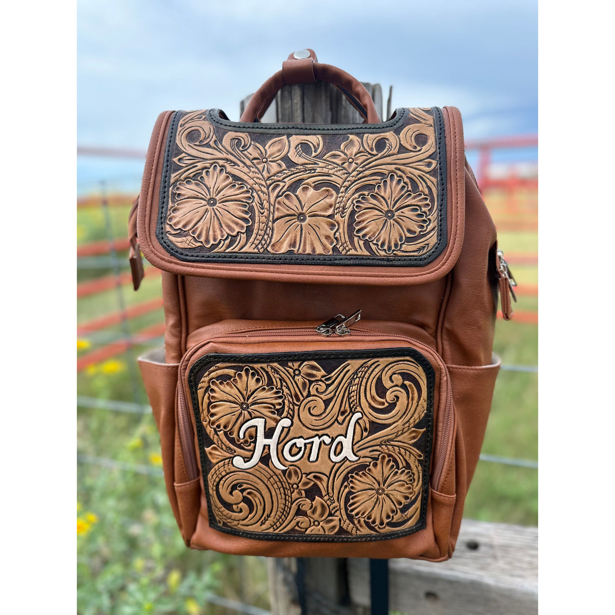 backpack diaper bag leather label Leather Diaper bag with tooled flap & pocket