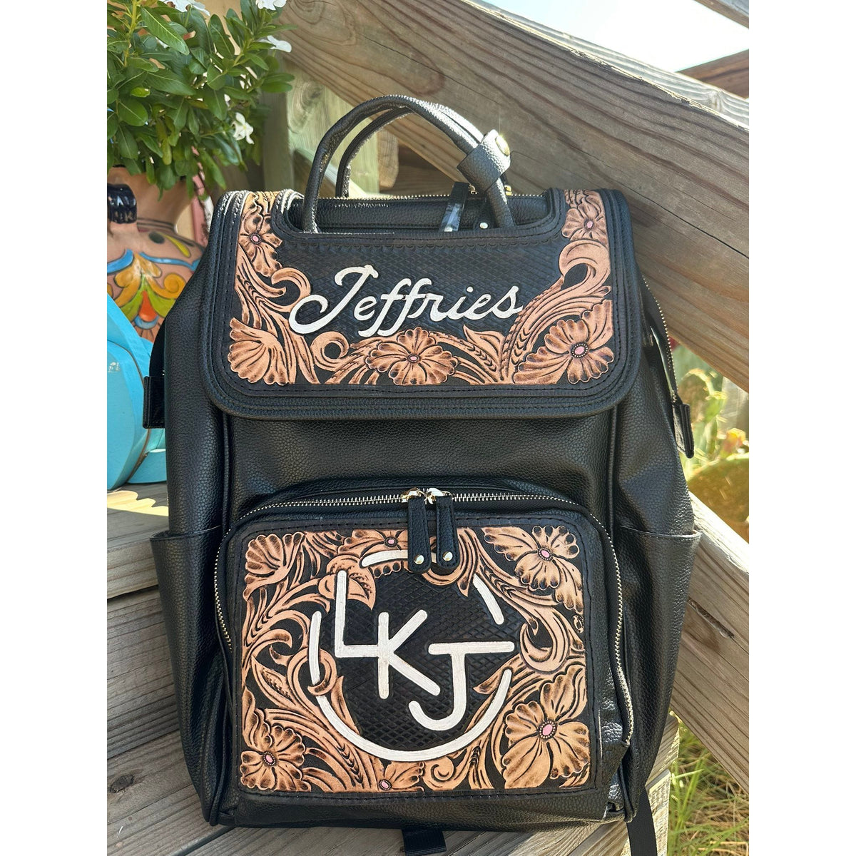 Leather Diaper bag with tooled flap & pocket