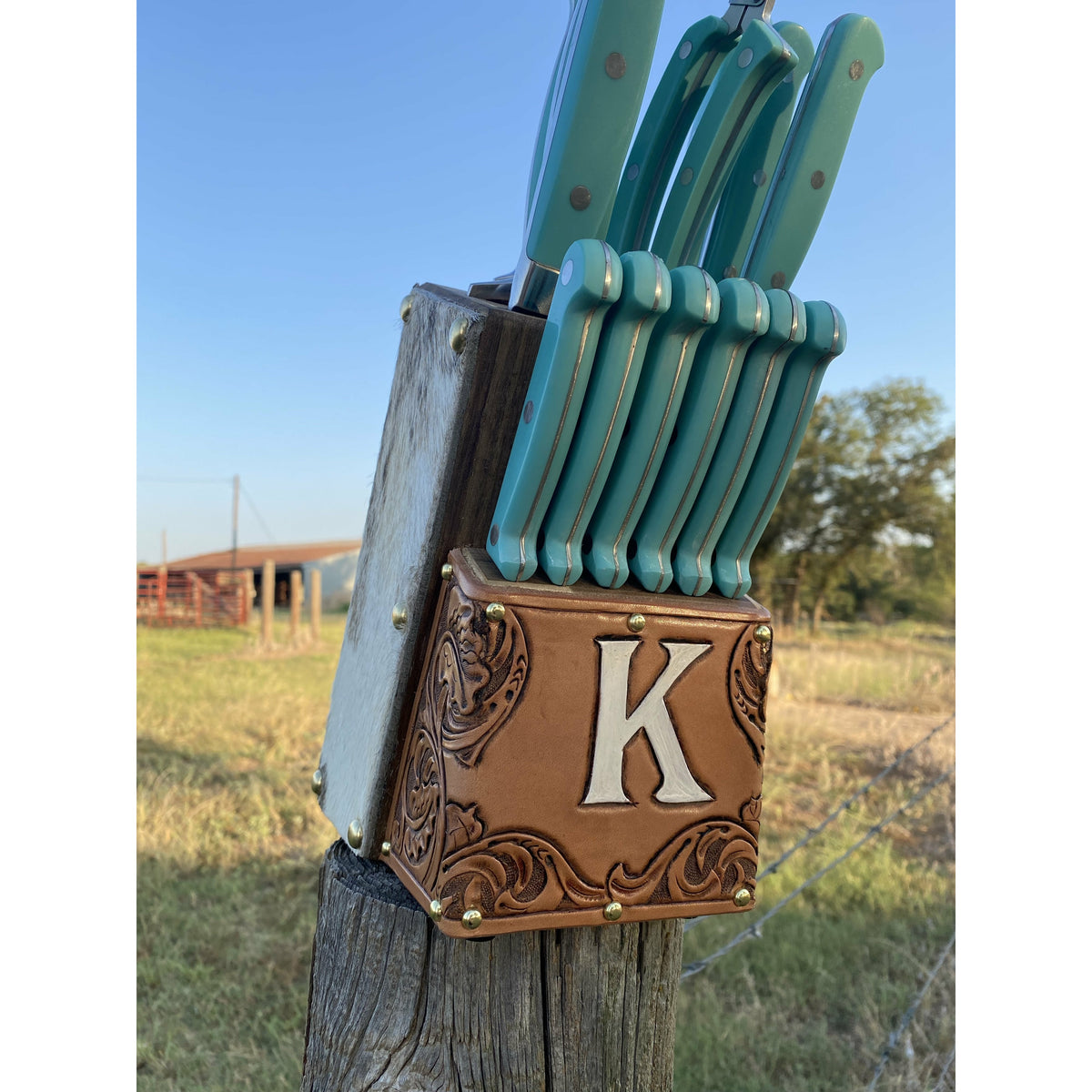 Knife Set Custom Tooled Leather Cow Hide Block 