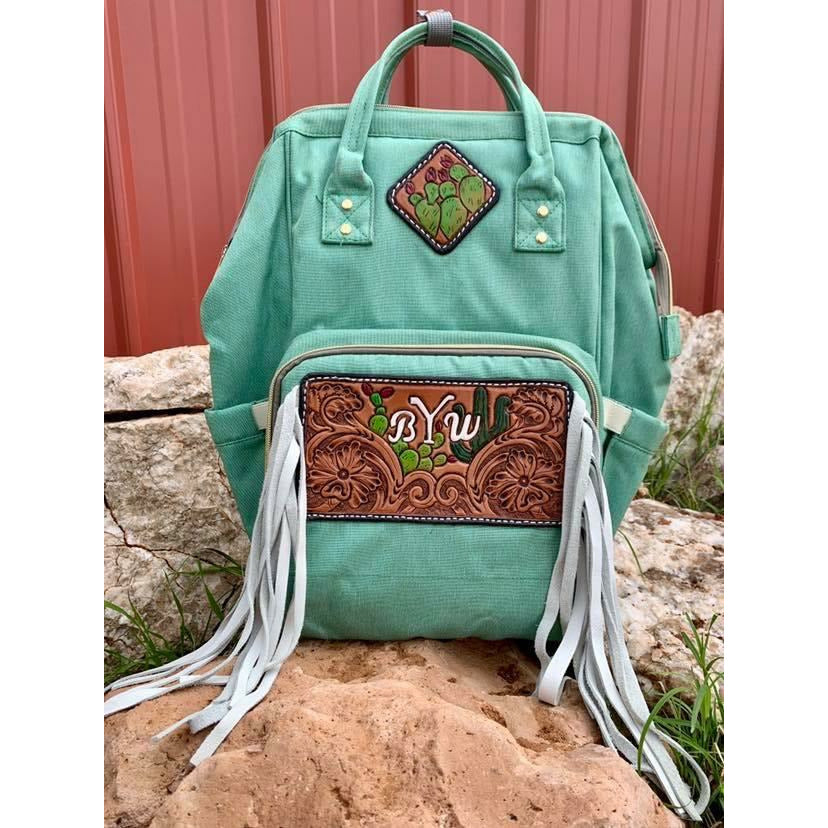 Diaper backpack with Custom patches and Long Fringe lo Red