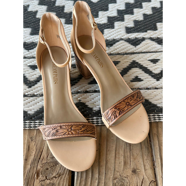Size 9 Tan Tooled 2 inch Heels RTS