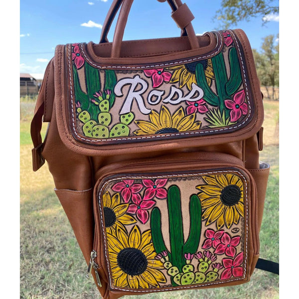 Leather Diaper bag with tooled flap & pocket Tan bag