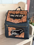 Leather Diaper bag with tooled flap & pocket
