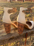 White Closed Toe  Tooled Heels-size 8.5-4inch  RTS