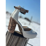 Closed Toe White PLATFORM Tooled Heels-4in