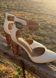 White Closed Toe  Tooled Heels-size 8.5-4inch  RTS