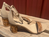 Tan Floral Tooled Heels-size 9.5RTS-2.75 inch