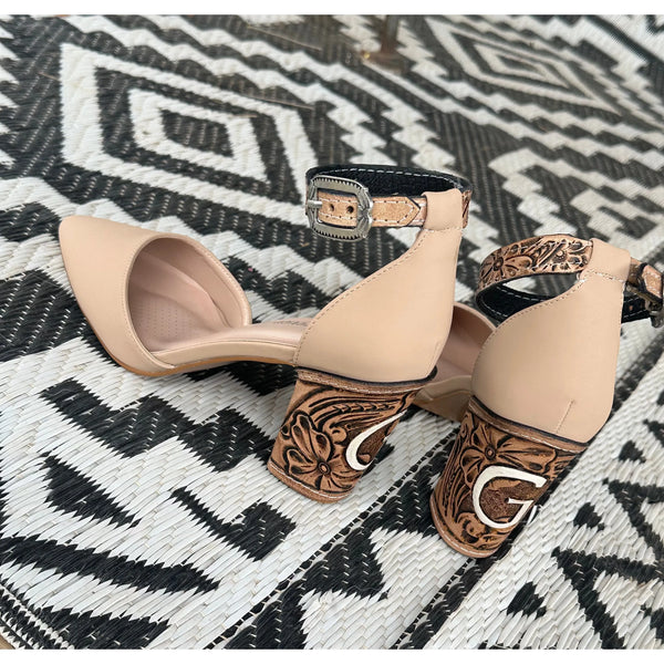 Closed Toe Tan Tooled Heels with Custom Design 3inch