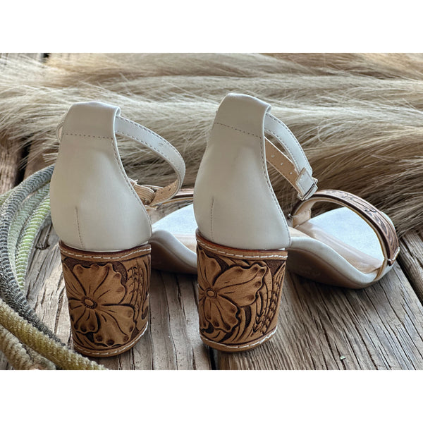 White leather block sales heel