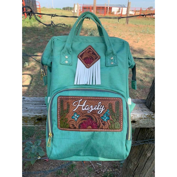 Diaper backpack with Custom patches & Fringe on upper patch Grey