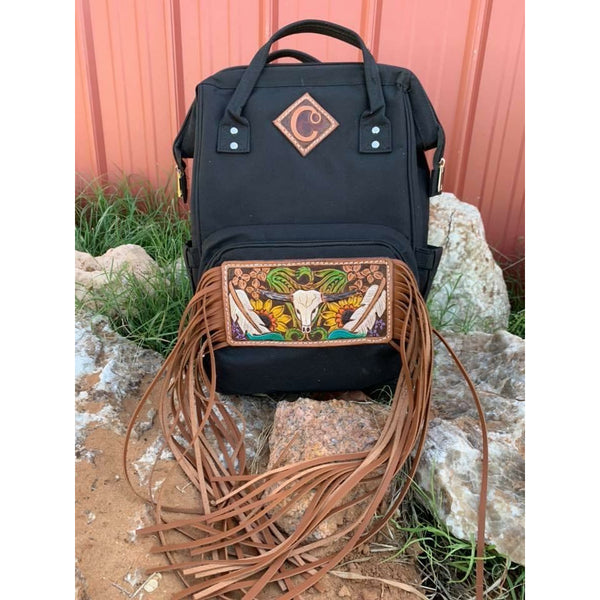 backpack with leather patch Diaper backpack with Custom patches and Long Fringe